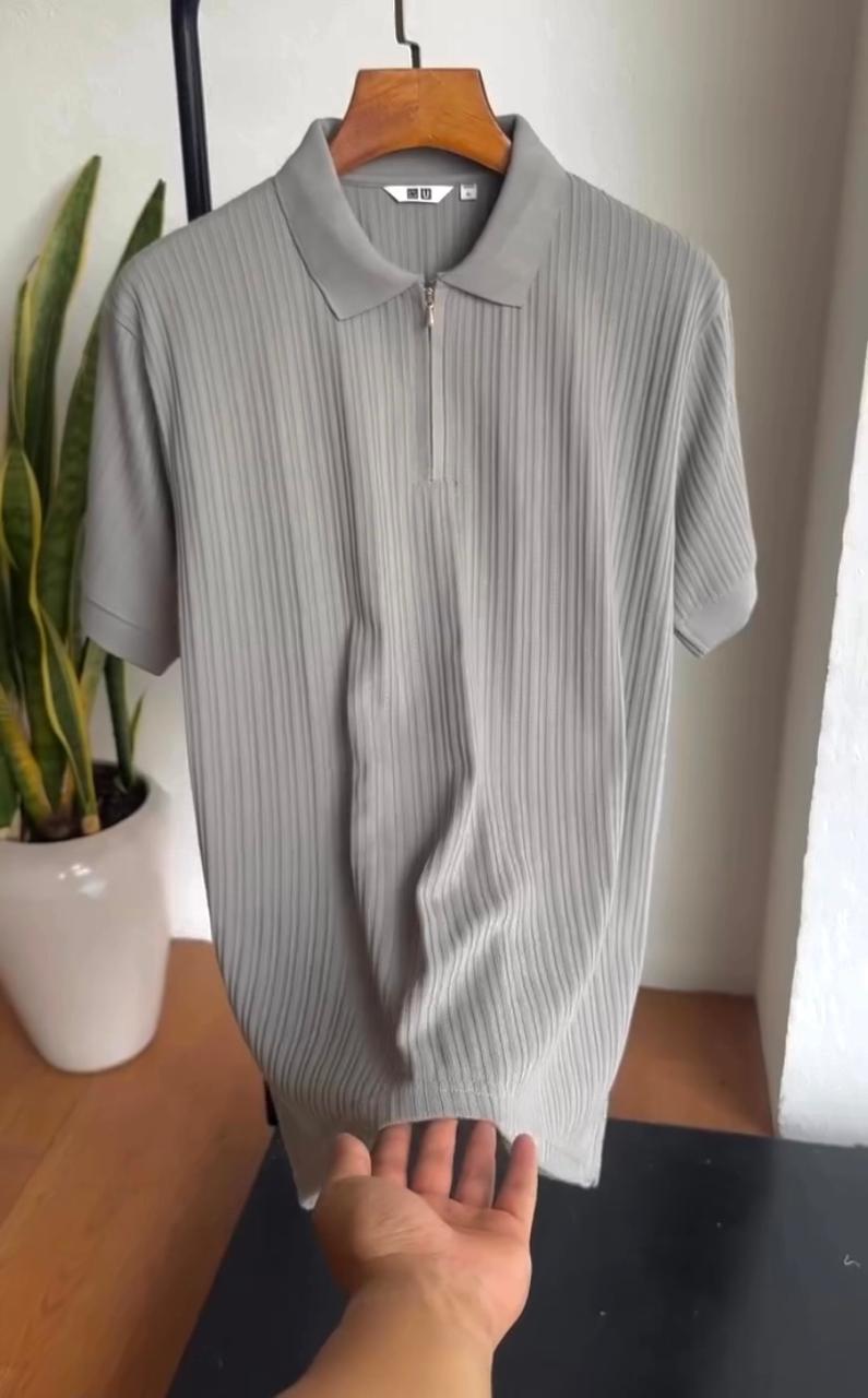 Zip-up Texured Polo T-shirt
